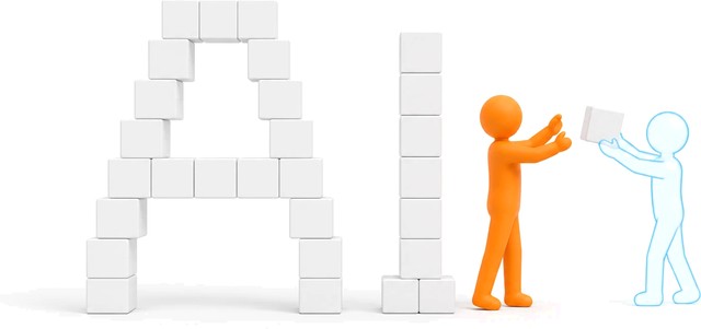 Two figures building with white cubes, one passing a cube to the other